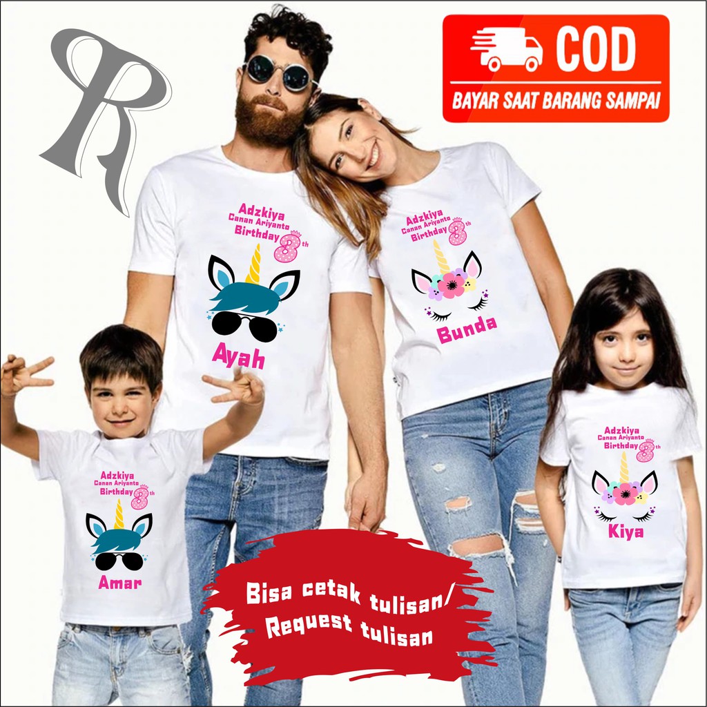 BAJU KAOS COUPLE KELUARGA | KAOS CUSTOM FAMILY CUSTOM ULANG TAHUN TEMA UNICORN -BISA REQUEST TULISAN