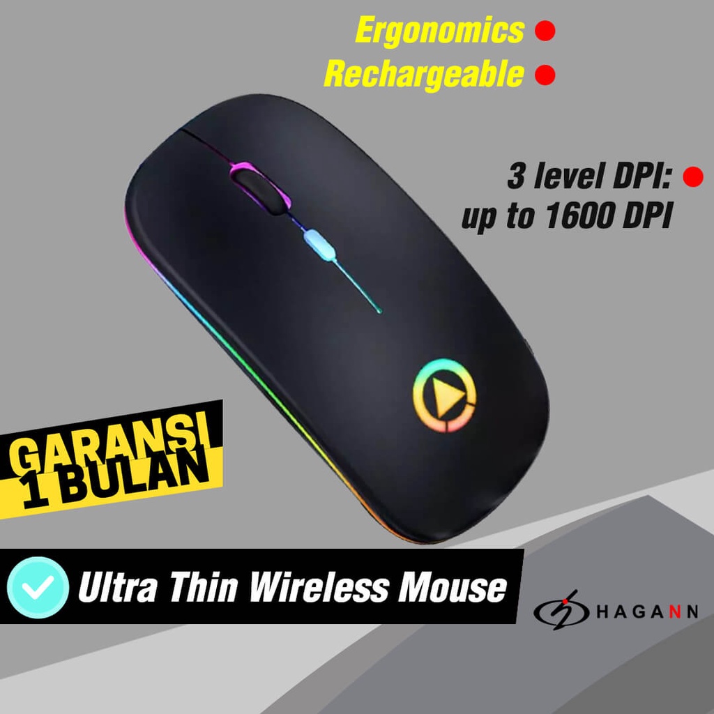 Mouse Wireless Silent Click Rechargeable Laptop Wireles RGB Led USB Unik Ergonomic Up To 1600 DPI