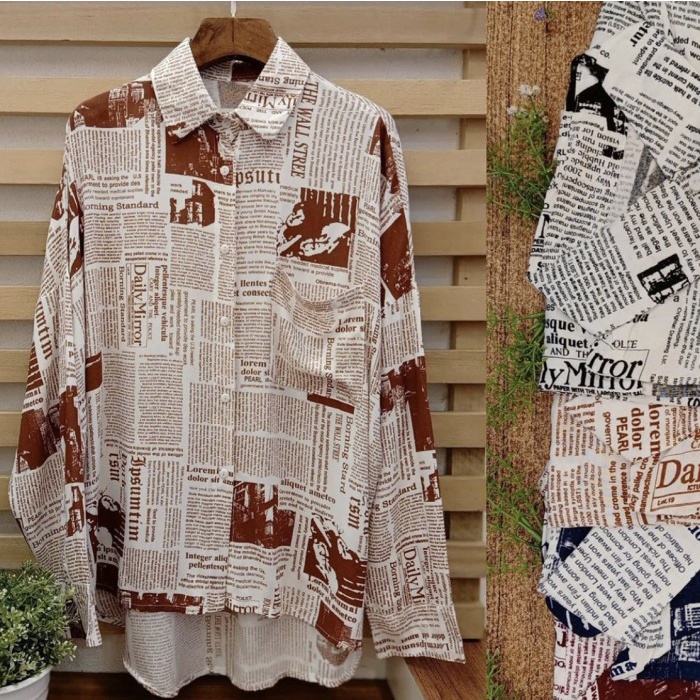 KEMEJA LENGAN PANJANG BAJU ATASAN WANITA JUMBO MOTIF KORAN