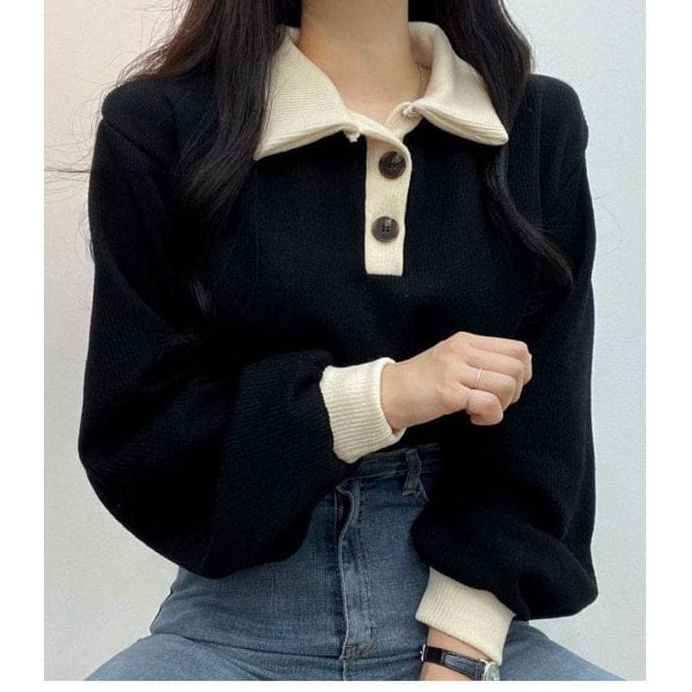 COLLAR GIRL SWEATER OVERSIZE WANITA - SWEATSHIRT SWEATER MODEL KERAH KANCING - CREWNECK