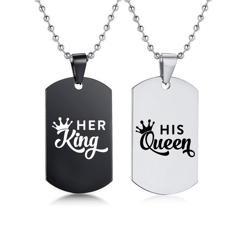 Fancyqube 2pcs / Set Kalung Tag Ukir Tulisan Her King His Queen Warna Hitam Untuk Hadiah Valentine