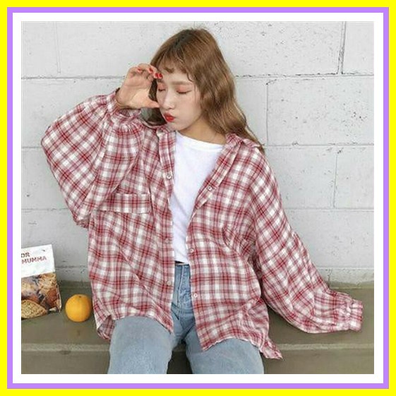 Flanel Oversize Keren Atasan Flanel Cewek Bestseller Wanita Oversize Flanel Kemeja Oversize Lengan P