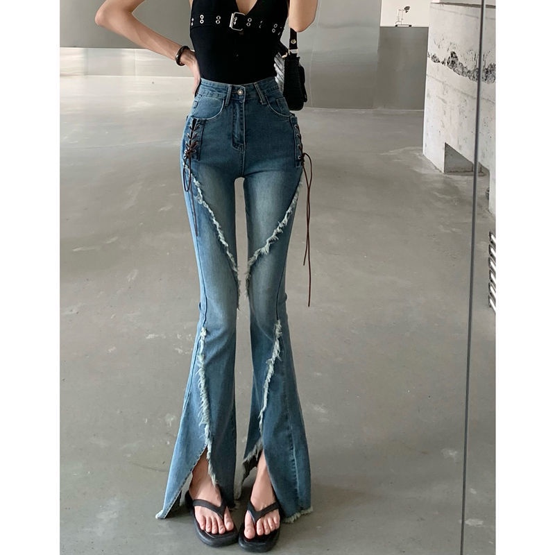 Red Retro Split Raw Edge Strappy Jeans Wanita Musim Panas Slim Peregangan Pinggang Tinggi Slim Celana Berkobar Mikro Celana