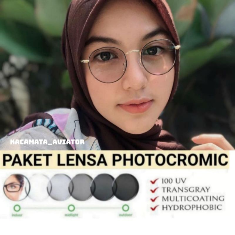 Paket Lensa Photocromic Frame Kacamata Bulat Besi Wanita Kacamata Wanita Fashion Photocromic