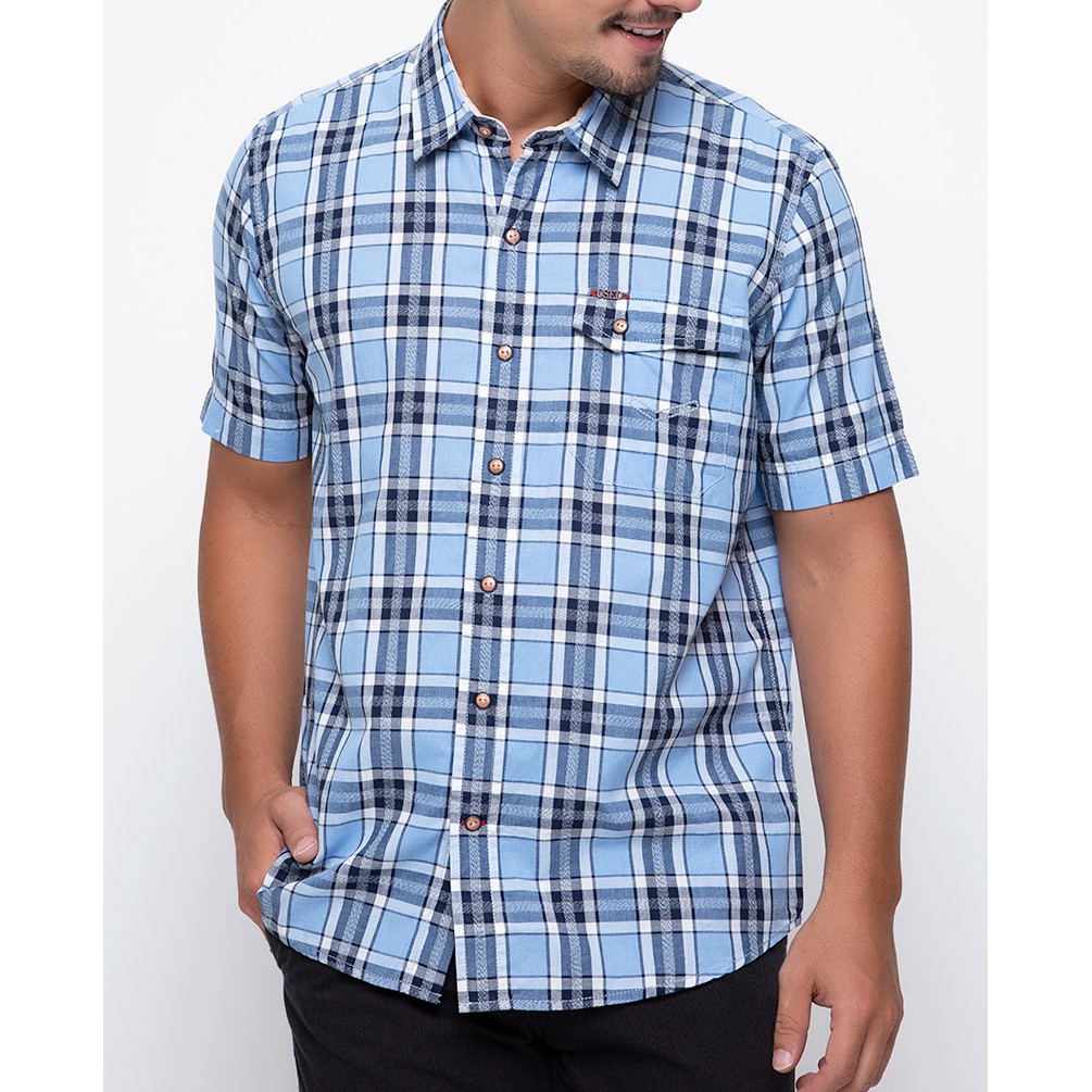 Kemeja Used Jeans Kotak-kotak Lengan Pendek Warna Biru