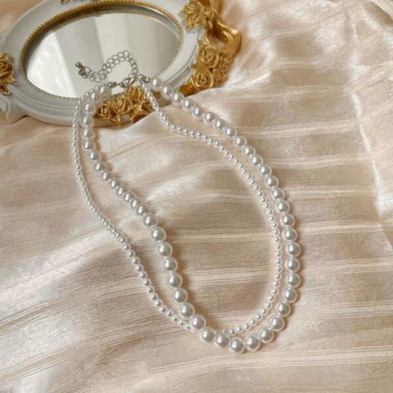 Elsa Double Layer Korean Pearl Necklace Kalung Tumpuk Multilayer Mutiara Dua Lapis Gaya Korea