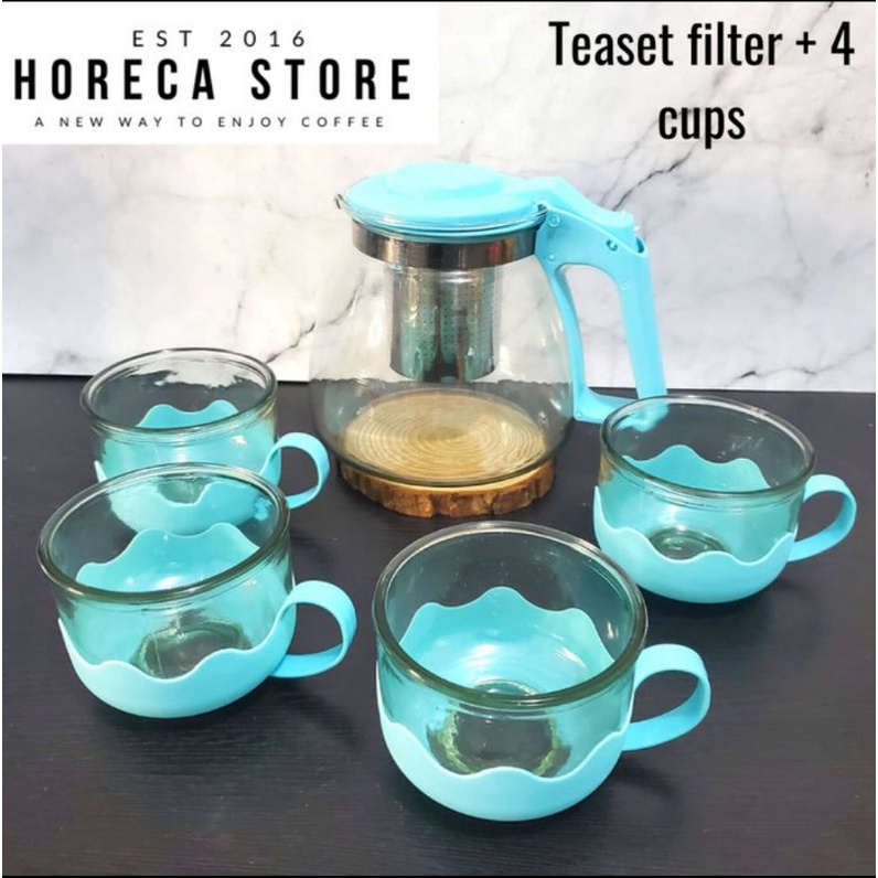 teaset filter + 4 cups = teko seduh teh kaca dengan saringan stainless & 4 gelas warna biru terang