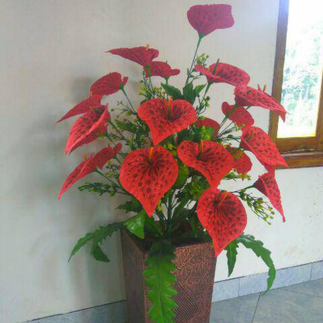 Bunga Palsu Imitasi Artificial Kuping Gajah Anthurium Keladi Aron Panda Merah untuk Hiasan Dekorasi