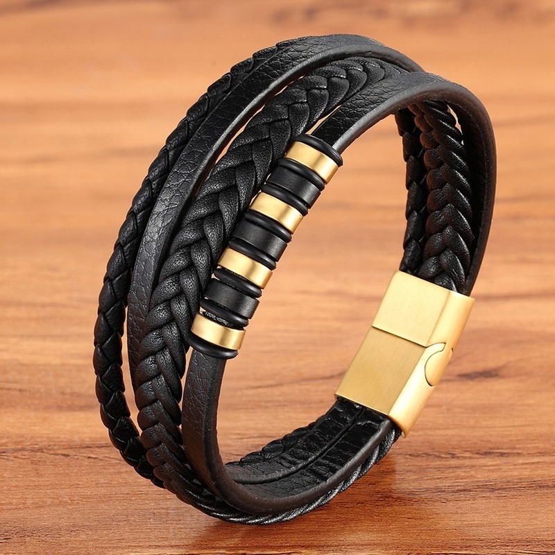 2022 Gelang Tangan Kulit Kepang Multilayer Warna Hitam / Coklat Bahan Stainless Steel Untuk Pria