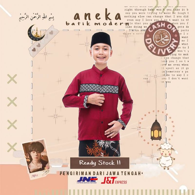 ATASAN BAJU MUSLIM ANAK PRIA LENGAN PANJANG BAJU KOKO ANAK MOTIF KOBATA GARIS LIST WARNA MERAH MAROO