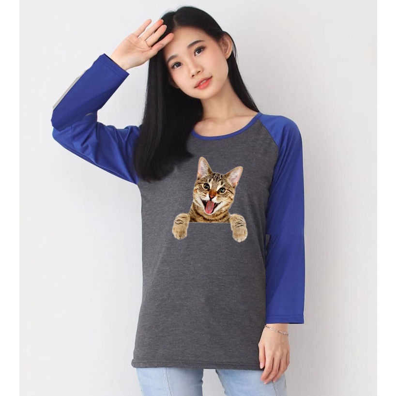 Kaos Raglan Abu Tua Lengan Panjang Gambar Kucing2