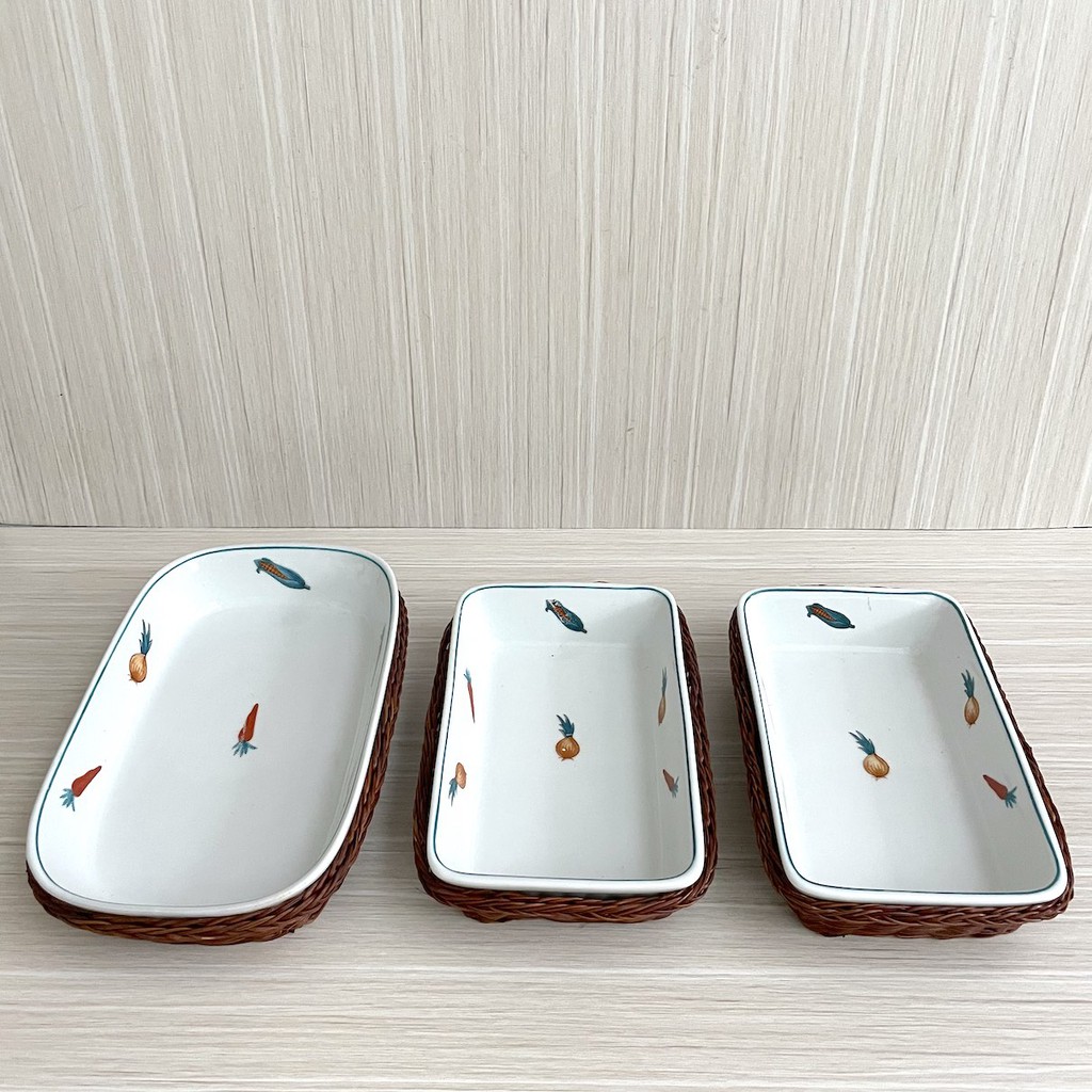 [SALE] Piring Saji Keramik Rotan PERSEGI PANJANG set isi 3 Tiny Vegetables - OVEN&MICROWAVE SAFE