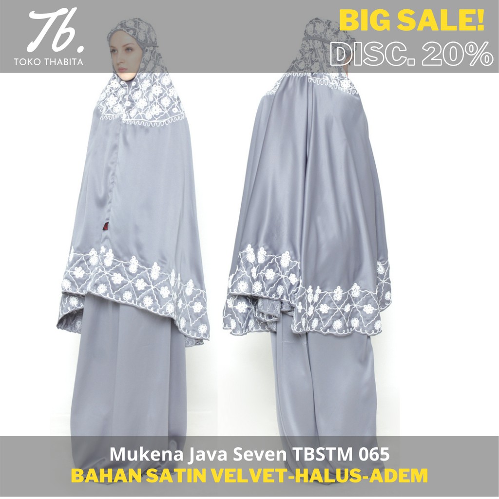 Mukena Motif Java Seven Bahan Satin-Velvet Abu Lembut Adem