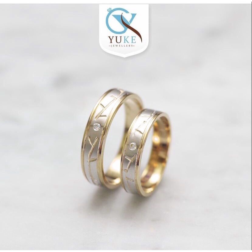 Cincin Kawin Cincin Couple Emas - Platinum & Silver/Perak Gold Glossy Bermotif