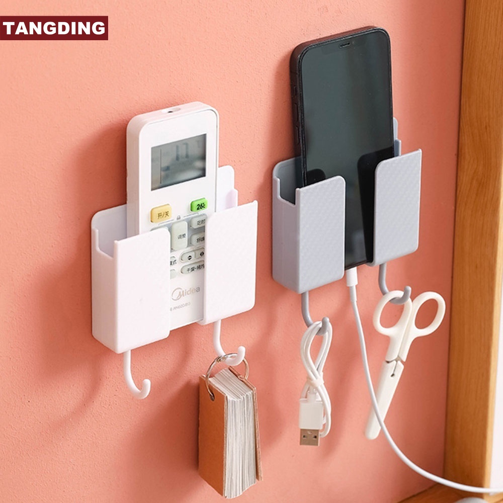 【COD Tangding】Wall Fixed Holder Storage Box Remote Control Mounted Mobile Phone Plug Wall Holder Charging Multifunction Holder