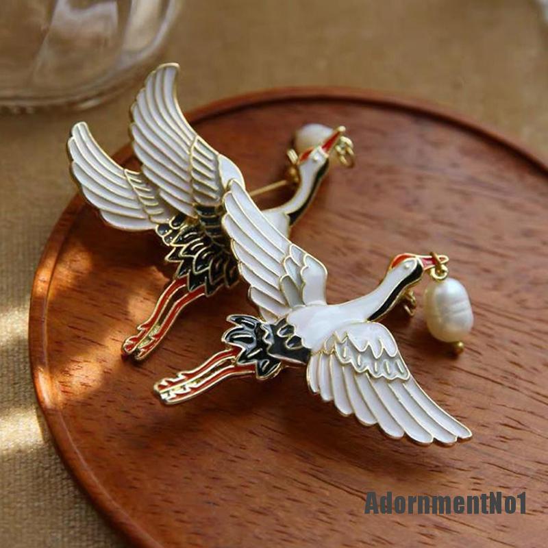 (Adornmentno1) 1pc Bros Pin Enamel Desain Burung Bangau Hias Mutiara Gaya Vintage Untuk Wanita