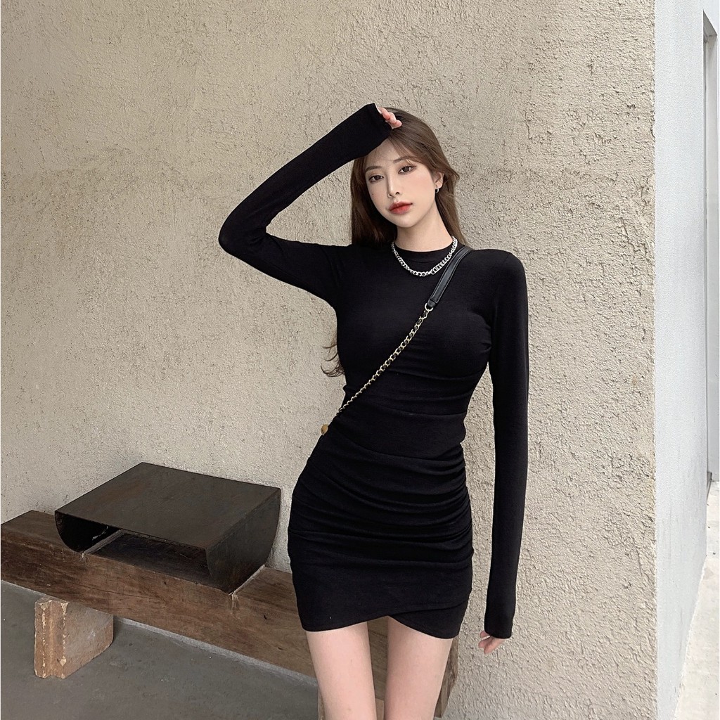 Long Sleeve Mini Dress Bodycon Dress Wanita Lengan Panjang 1130 (S-XL)