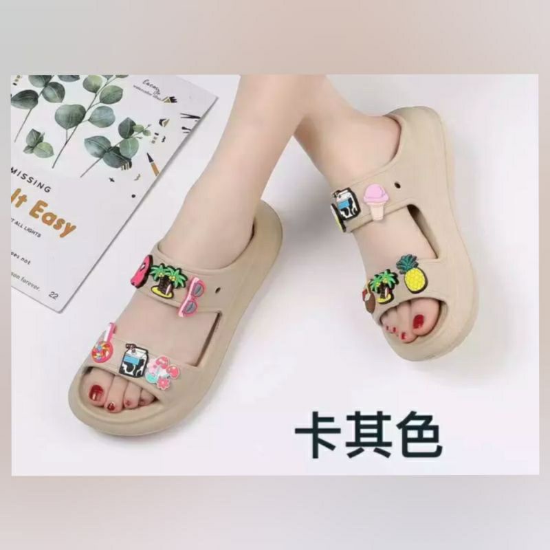 SANDAL FASHION BAE SLIDE TWO STRAP WEDGES FREE JIBBITZ