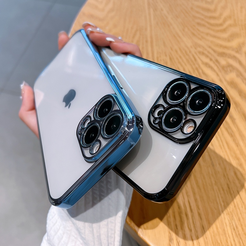 【Sierra Blue】Luxury Plating Square Frame Soft Silicone Case for iPhone 11 12 13 Pro Max XR X XS MAX Transparent Cover