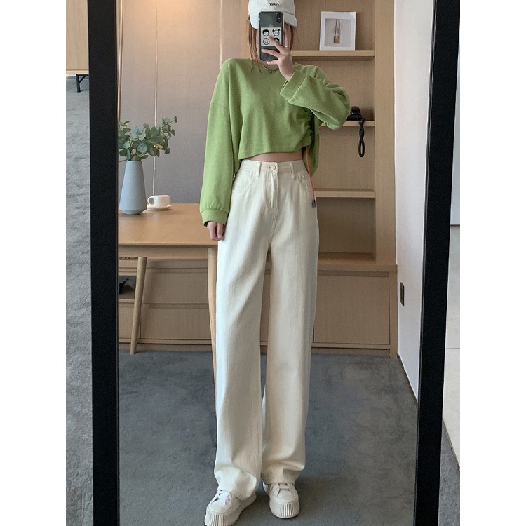New hitam/Krem high waist boyfriend celana jeans panjang wanita