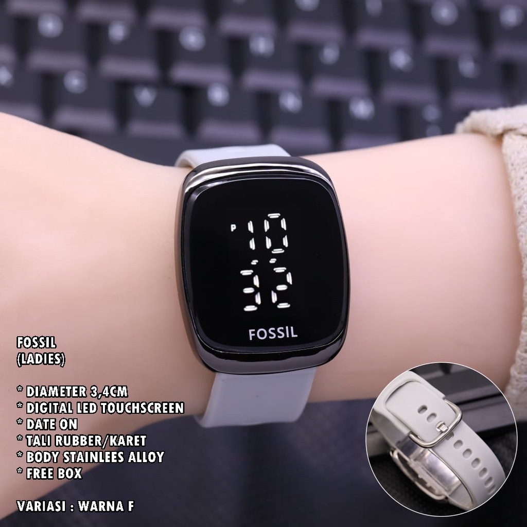 JAM TANGAN WANITA FASHION TALI RUBBER BODY OVAL HITAM LED TANGGAL AKTIF