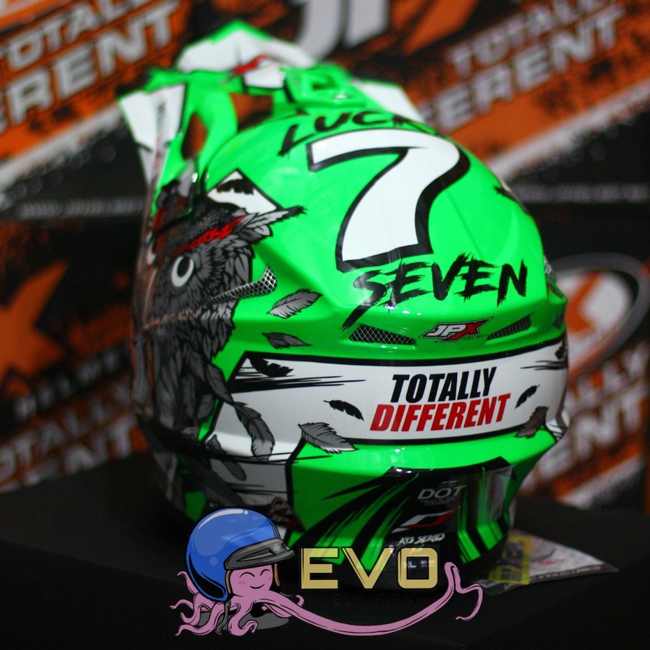 HELM JPX CROSS_FOX1 SERI X13 - FLUO GREEN GLOSS + GOOGLE SNAIL (ONGKIR 2 KG) JPX X13 OWL GREEN ORIGINAL HELM CROSS JPX MOTIF BURUNG HANTU JPX HIJAU