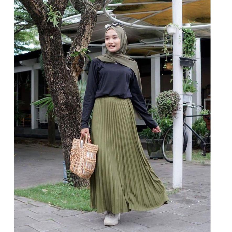 (PROMO 0B039) Ootd Rok Plisket Panjang Premium Payung Jumbo warna Hitam Putih Hijau botol Army mocca