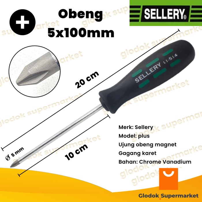 Obeng Plus 4 inch Sellery 11-514 Diameter 5mm Panjang Besi 10cm Magnet Gagang Karet