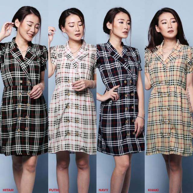 Persian Button Dress Midi Casual Wanita Kotak Kotak Lengan Pendek