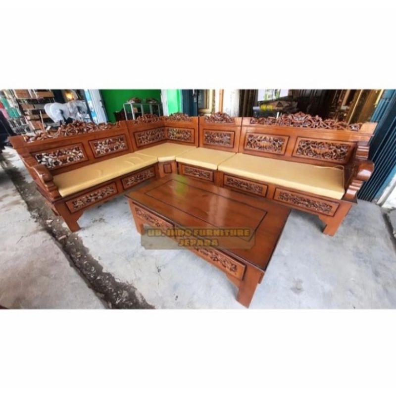 set meja kursi tamu + busa dudukan - sofa kursi tamu kayu jati ukir Jepara