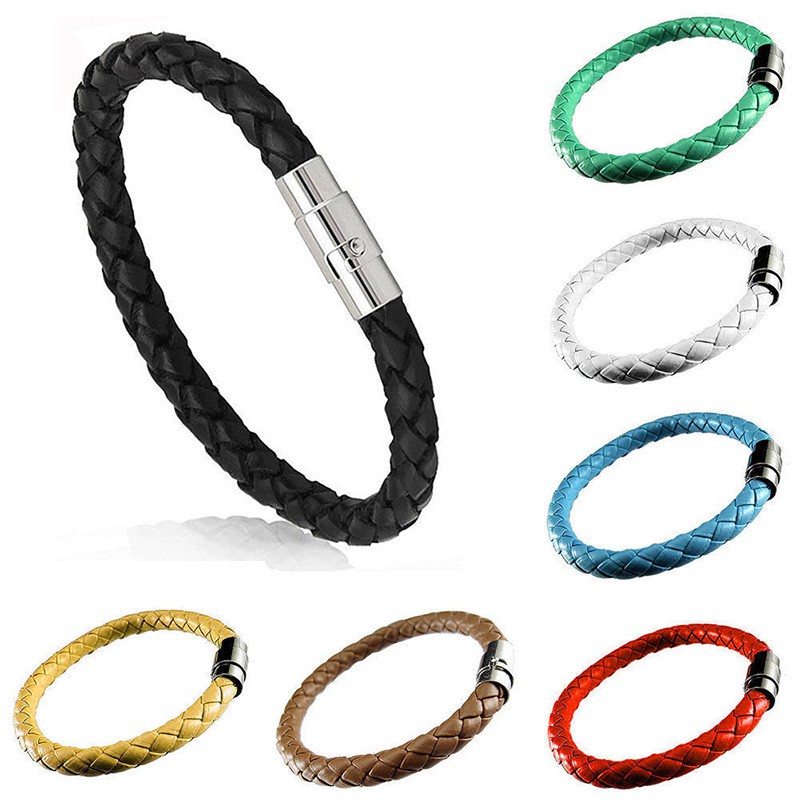 Fashion Tenunan Tali Kulit Gelang Magnetic Buckle Bangle Unisex Perhiasan Pasangan