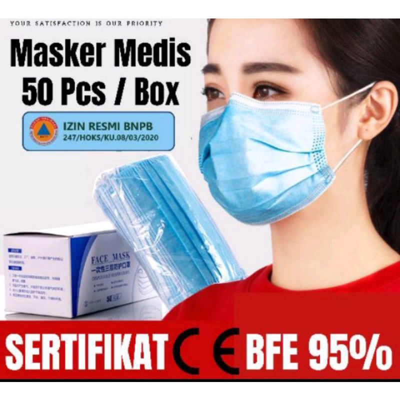 Masker biru 3 Ply isi 50 Disposable Face Mask Earloop