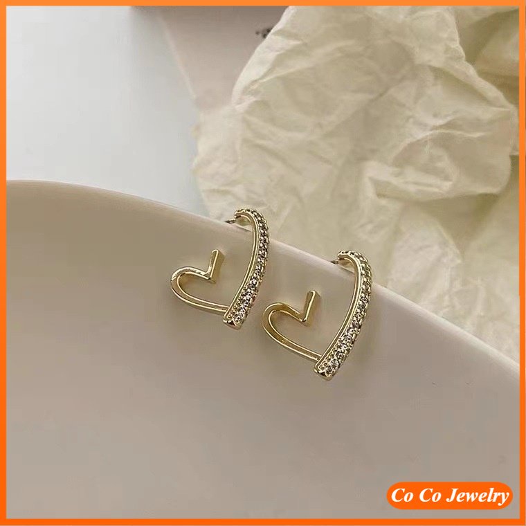 Anting Stud Bentuk Hati Geometris Bahan 925 Silver Zirconium Metal Gaya Korea Untuk Wanita