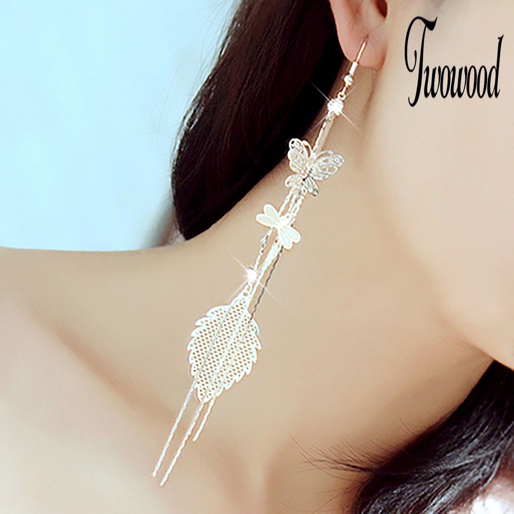 1 Pasang Anting Rantai Rumbai Desain Butterfly Dragonfly Leaf Linear Aksen Berlian Imitasi Untuk Wanita