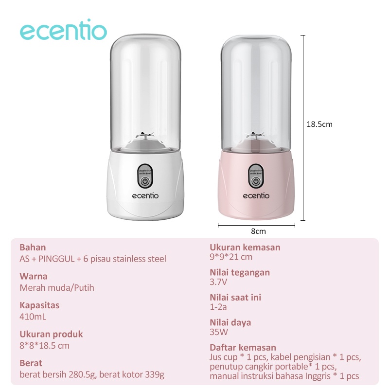 ecentio &amp; FOODI 410ml Mini USB Juicer Blender 6 Mata Pisau listrik portabel Kaca Kaca menebal cangkir anti tumpah pink/putih