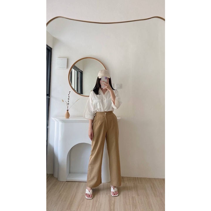 Kimmy Highwaist Cullote Pants  Wide Leg Linen Cullotes  Celana Panjang Linen Kulot Wanita-Mocca