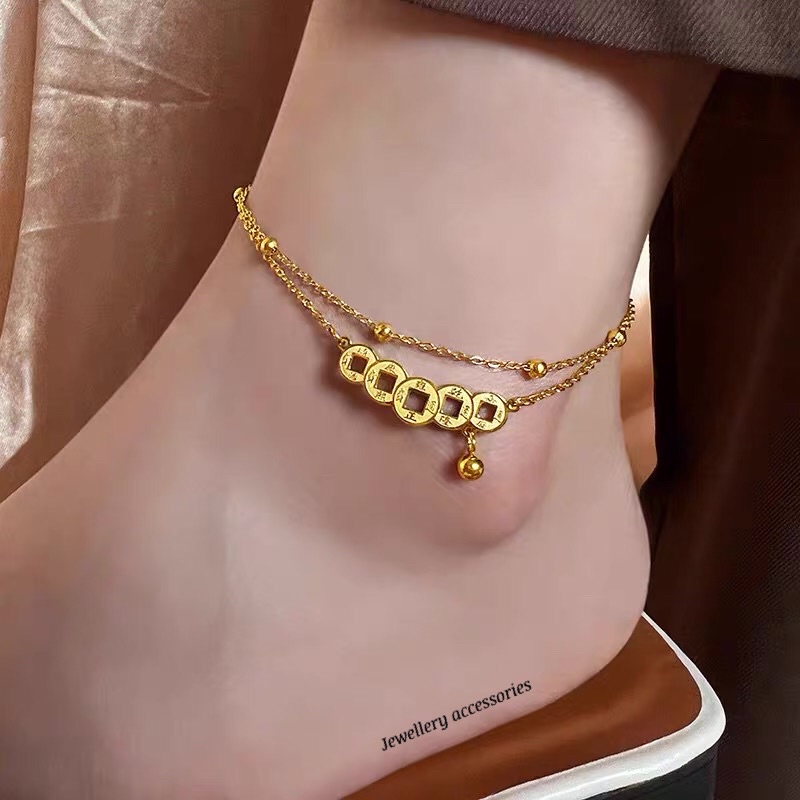 Gelang Kaki Titanium Gold 2 Layer Elegan Korea Fashion Style Trending Premium