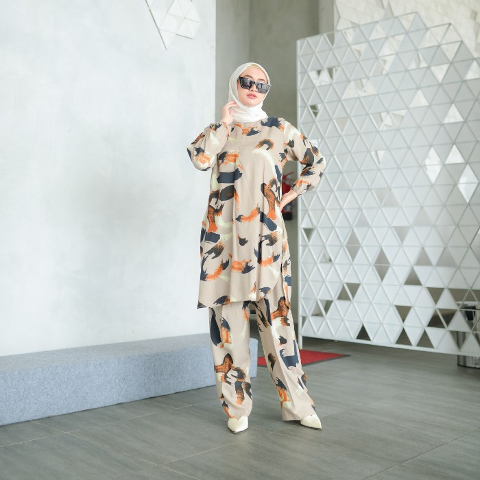 PAJAMAS SET CELANA BAJU MUSLIM ONE SET TEI DYE WANITA PIYAMA PAJAMAS-KK KHAKI