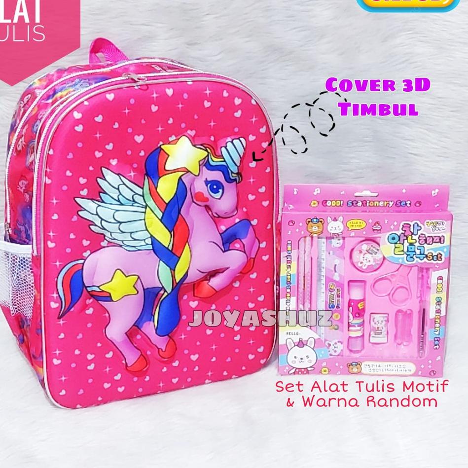 Restock--Tas Sekolah Anak Unicorn 3 Dimensi Gratis Set Alat Tulis / Ransel Unicorn / Tas Karakter An