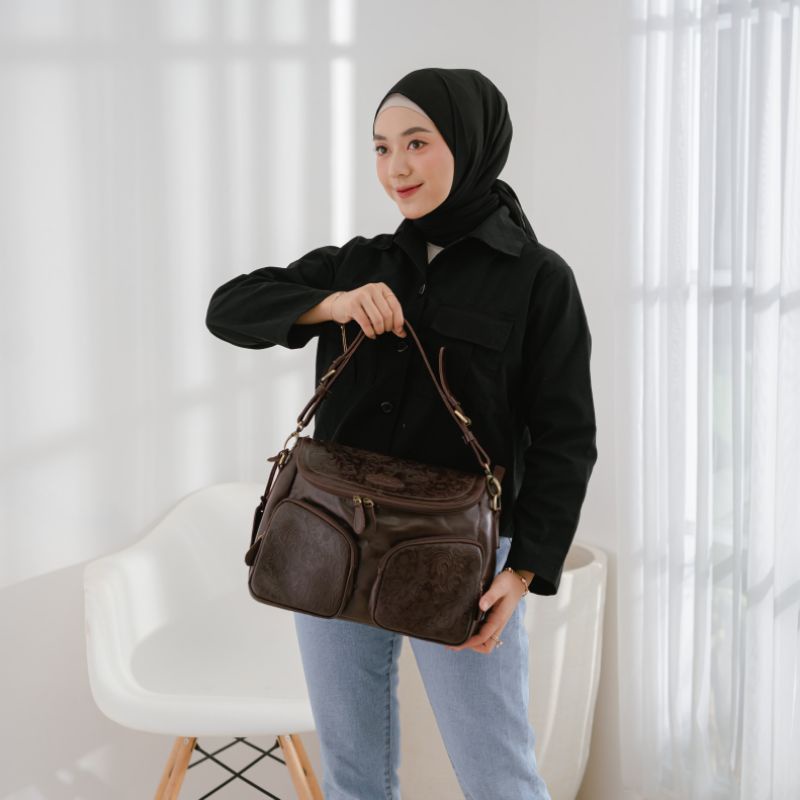 TAS KANTOR WANITA KULIT SAPI ASLI MODEL AMANDA / KULIT SAPI PULL UP MIX KULIT EMBOSS BATIK /FREE GRAVIR NAMA