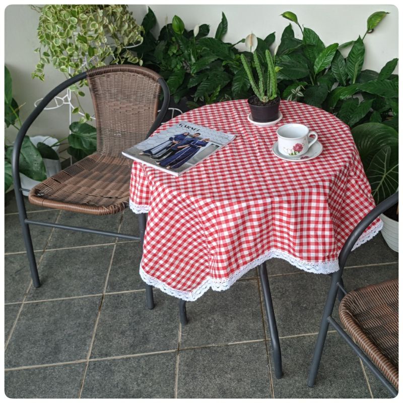 Taplak Meja Bulat Kotak-kotak Renda Rajut Meja Tamu Meja Dapur Kekinian Korea