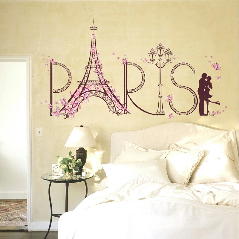 RELIZA WALL STICKER TOWER PARIS EIFFEL ROMANTIS PINK COUPLE KISS STIKER DINDING SK9007