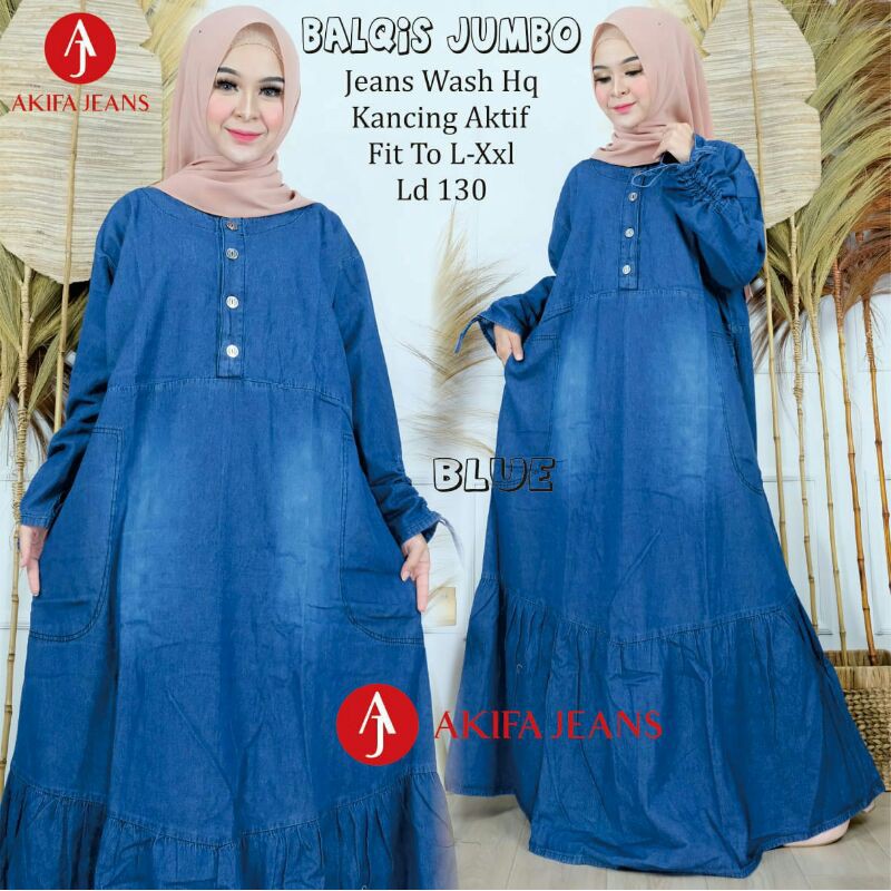 gamis jumbo bhan jeans ld 130 kancing depan