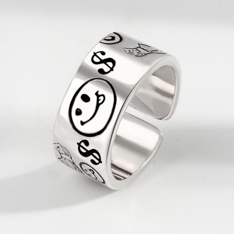 Perhiasan Cincin Sterling Silver 925 Wanita Adjustable Desain Bintang Smiley Face Vintage