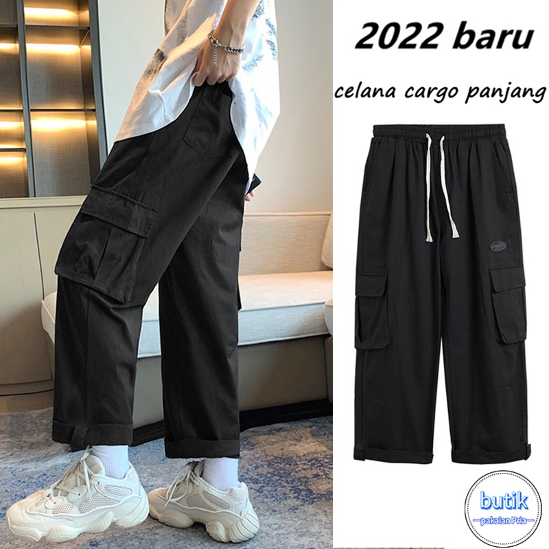 Celana cargo panjang pria Big Size Cargo Pants Pria Celana Cargo Korea Style Hitam Loose Pants Celana Karet Celana Kargo Panjang Pria