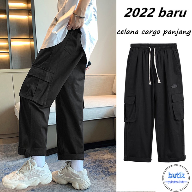 Celana Cargo Big Size Cargo Pants Pria Celana Cargo Korea Style Hitam Loose Pants Celana Karet Celana Kargo Panjang Pria