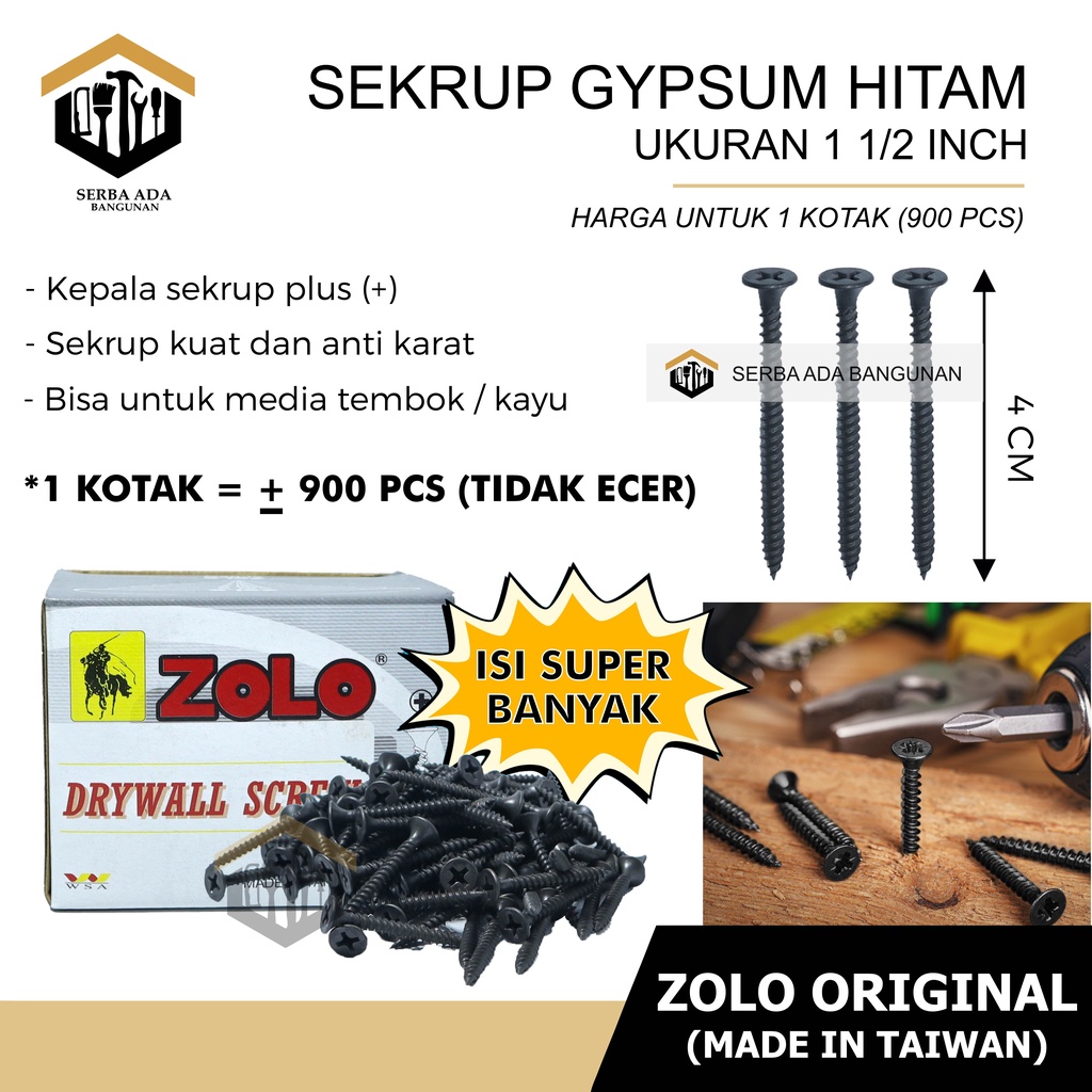 Skrup zolo 1 inch x 6 sekerap gypsum hitam bagus kuat