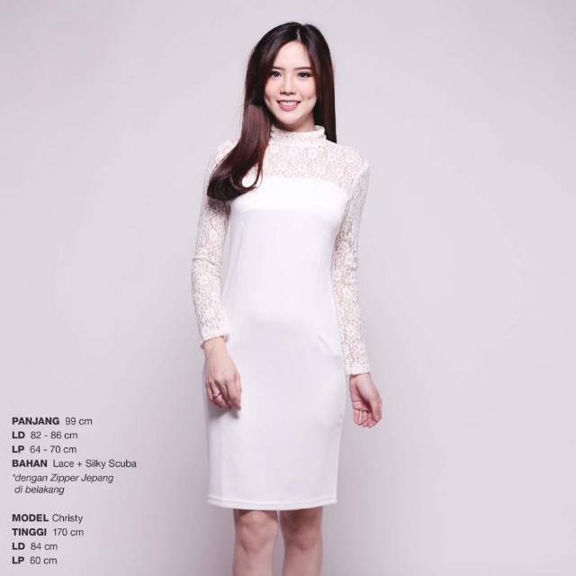 Dine Out Lace Scuba Dress Putih Wanita Pesta Party Kondangan Lengan Panjang