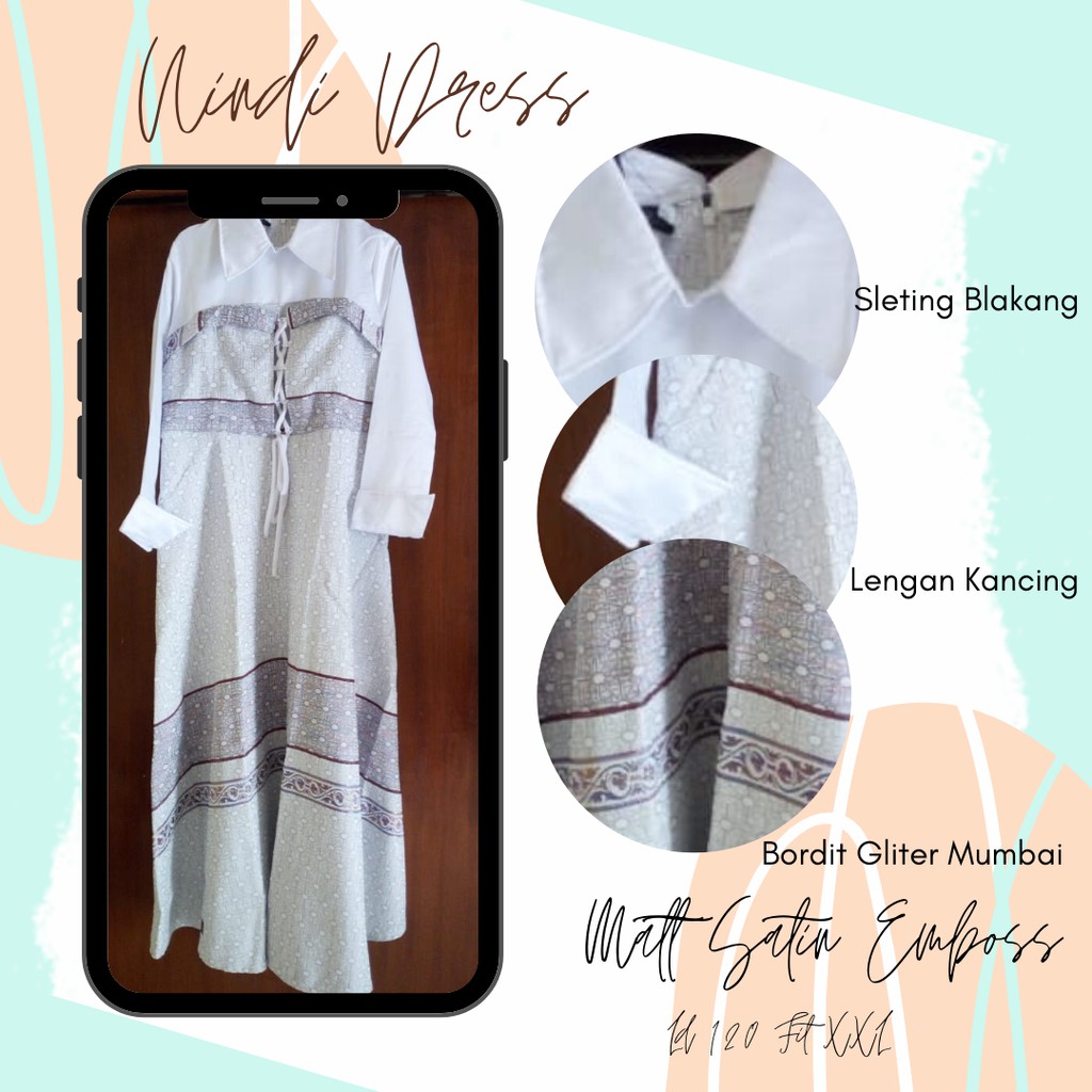Nindi Syari by ZY gamis putih bordir Mumbai polos Matt satin embos premium HQ ld 120 PB 140 fit xxl