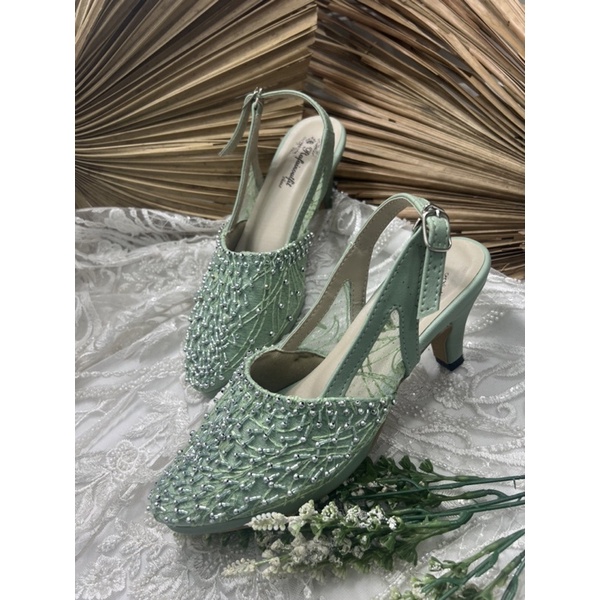 sepatu wanita wedding Sabrina hijaumint 7cm lancip